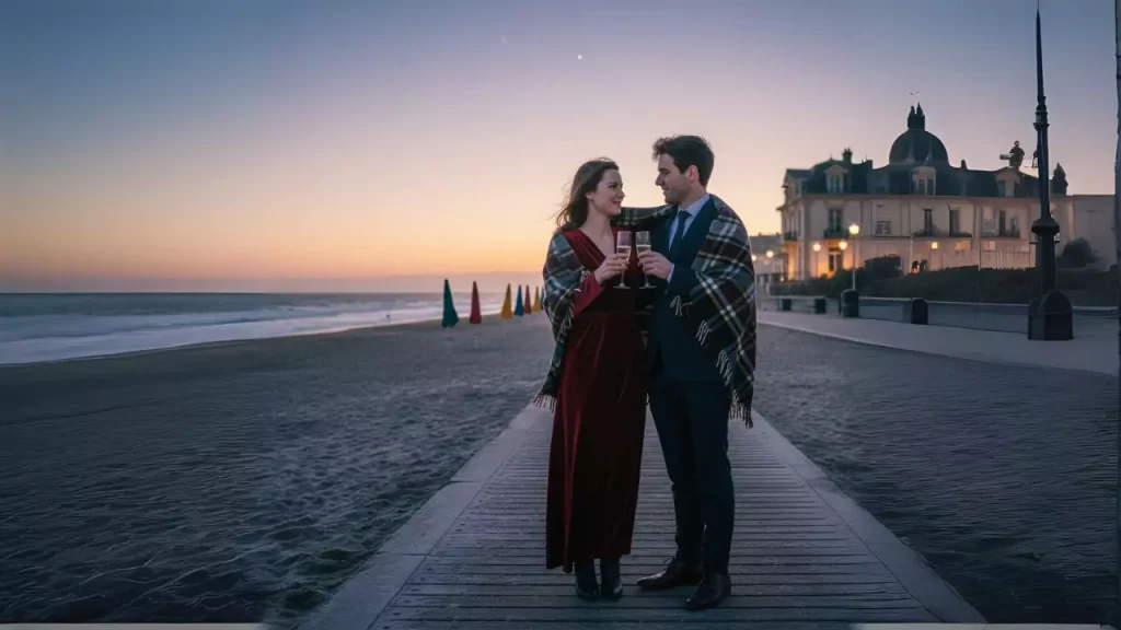 Couple avec verre de champagne sur la plage