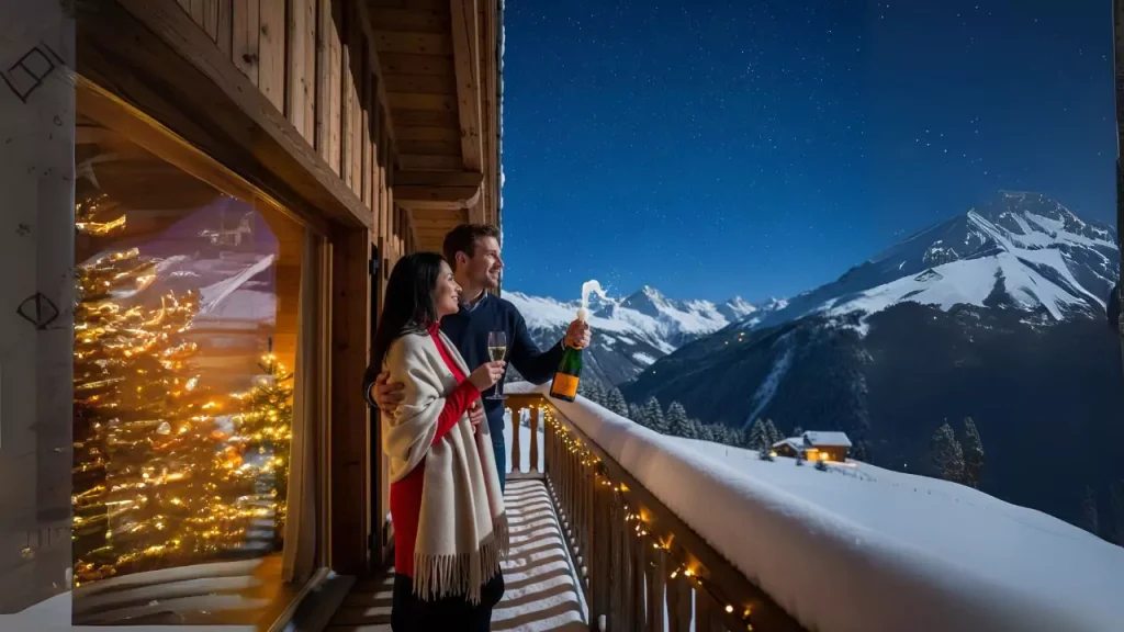 Couple avec verre de champagne au balcon d'un chalet enneigé en montagne