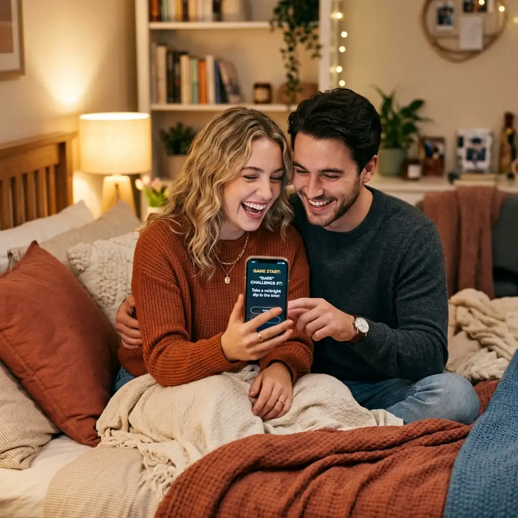 Couple amoureux découvrant des défis intimes sur leur téléphone