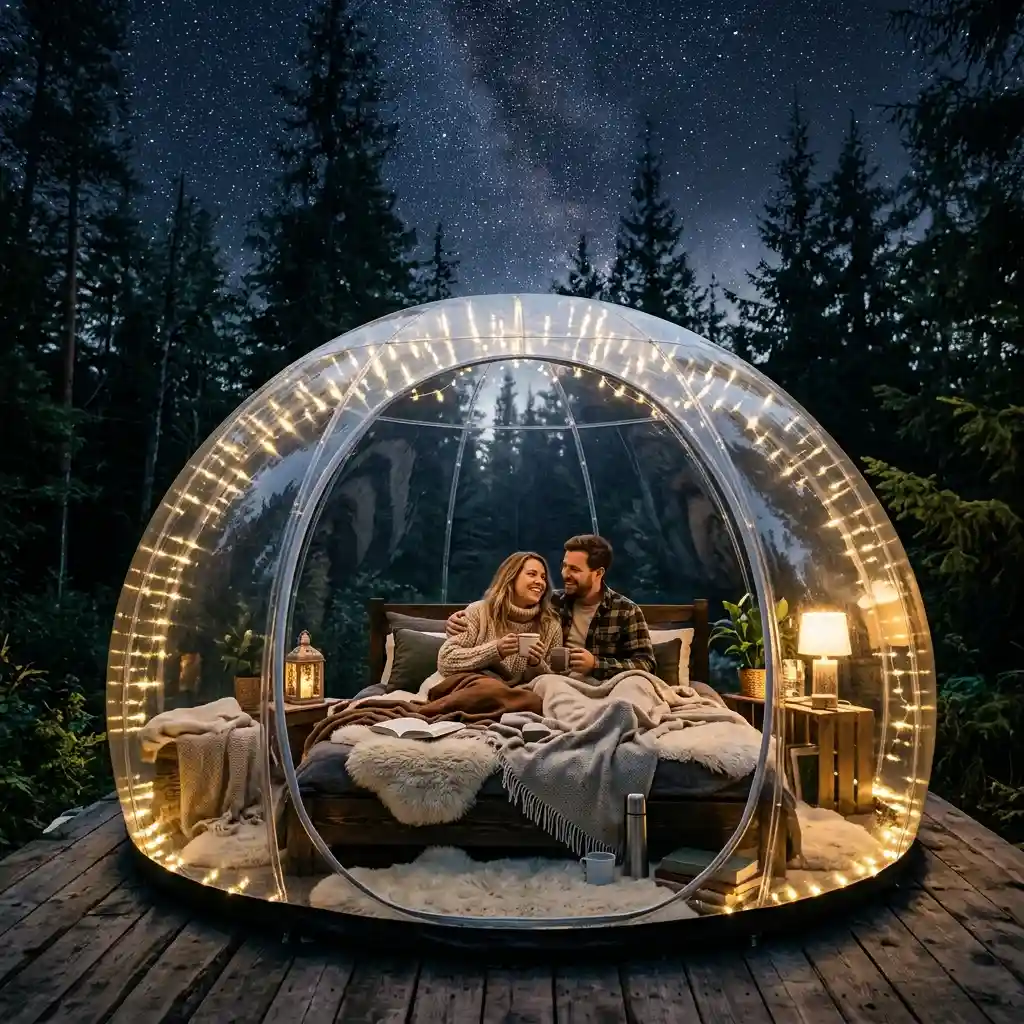 Couple dans une bulle sous les étoiles