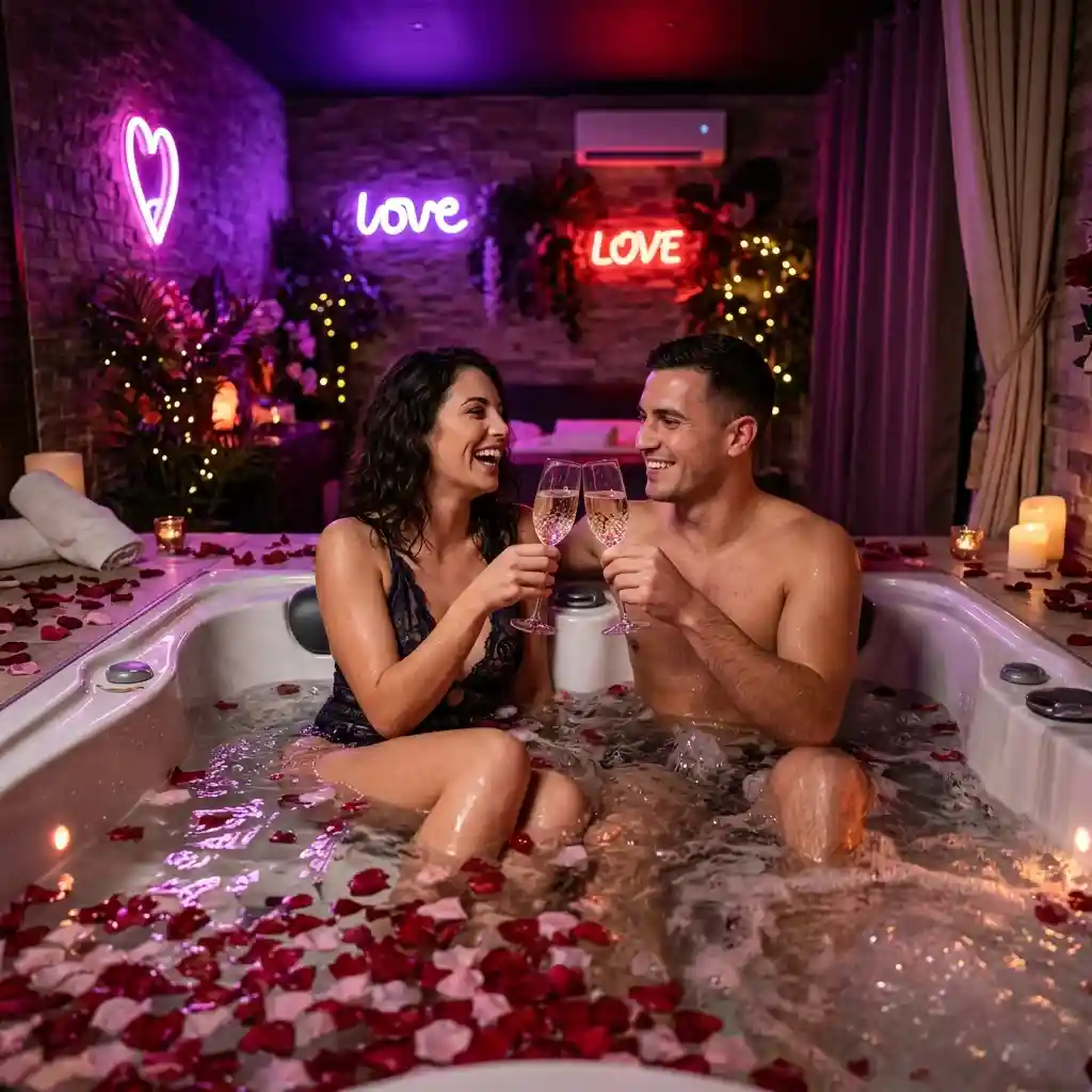 Couple heureux dans un jacuzzi privatif