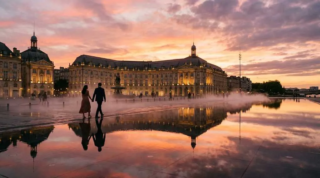Vue panoramique de la Place de la Bourse et du Miroir d'Eau au coucher du soleil
