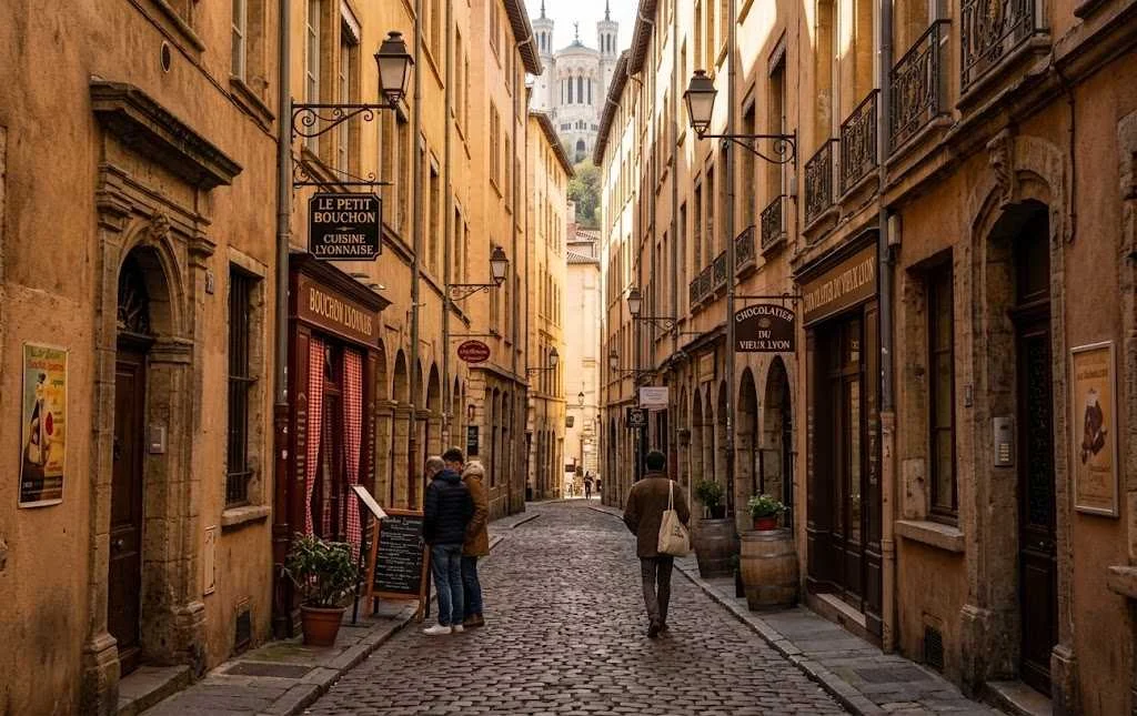 Ruelles pavées pittoresques et bâtiments colorés du Vieux-Lyon
