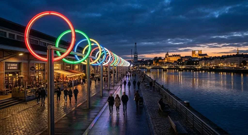 Les Anneaux de Buren illuminés sur le Quai des Antilles à Nantes à la tombée de la nuit