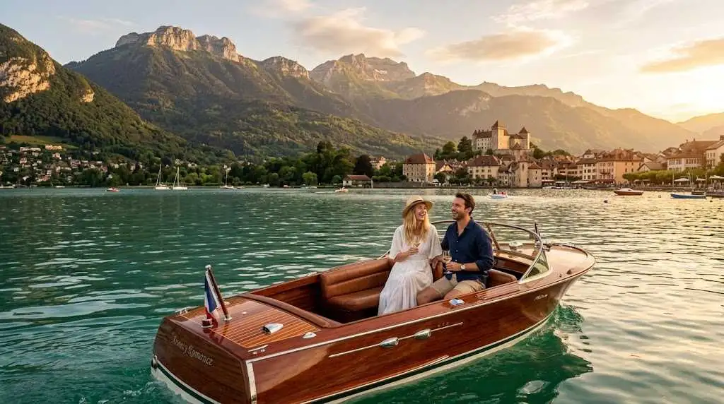 Un canot classique en acajou fendant les eaux claires du lac d'Annecy