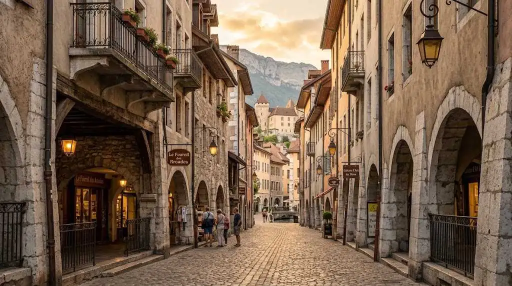 Les arcades en pierre et les passages couverts historiques de la vieille ville d'Annecy