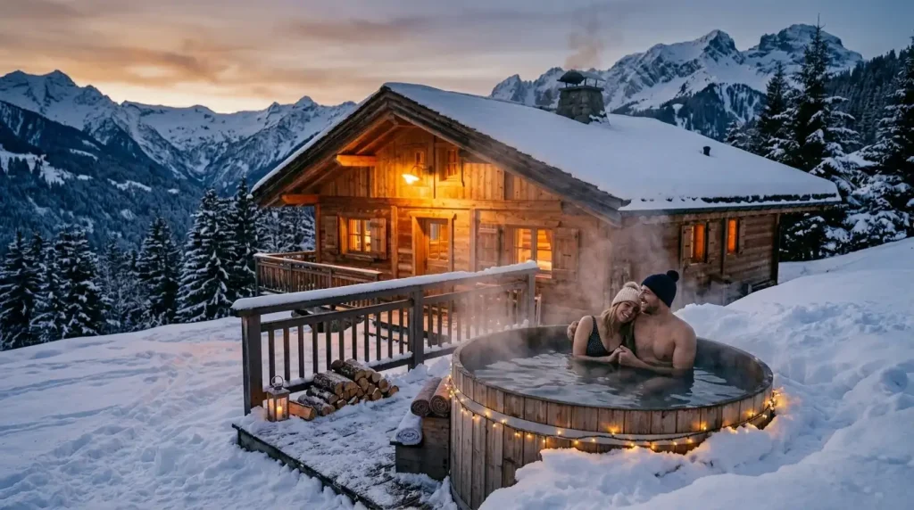 Chalet en bois sous la neige, fenêtres éclairées, pour un Noël en amoureux à la montagne