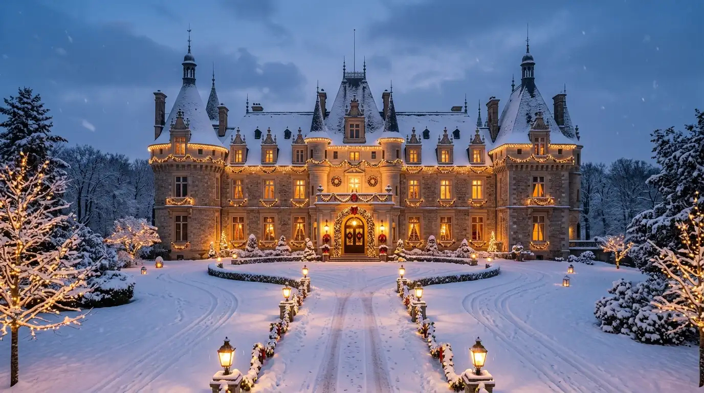 Château français illuminé sous le givre pour une nuit de Noël en amoureux