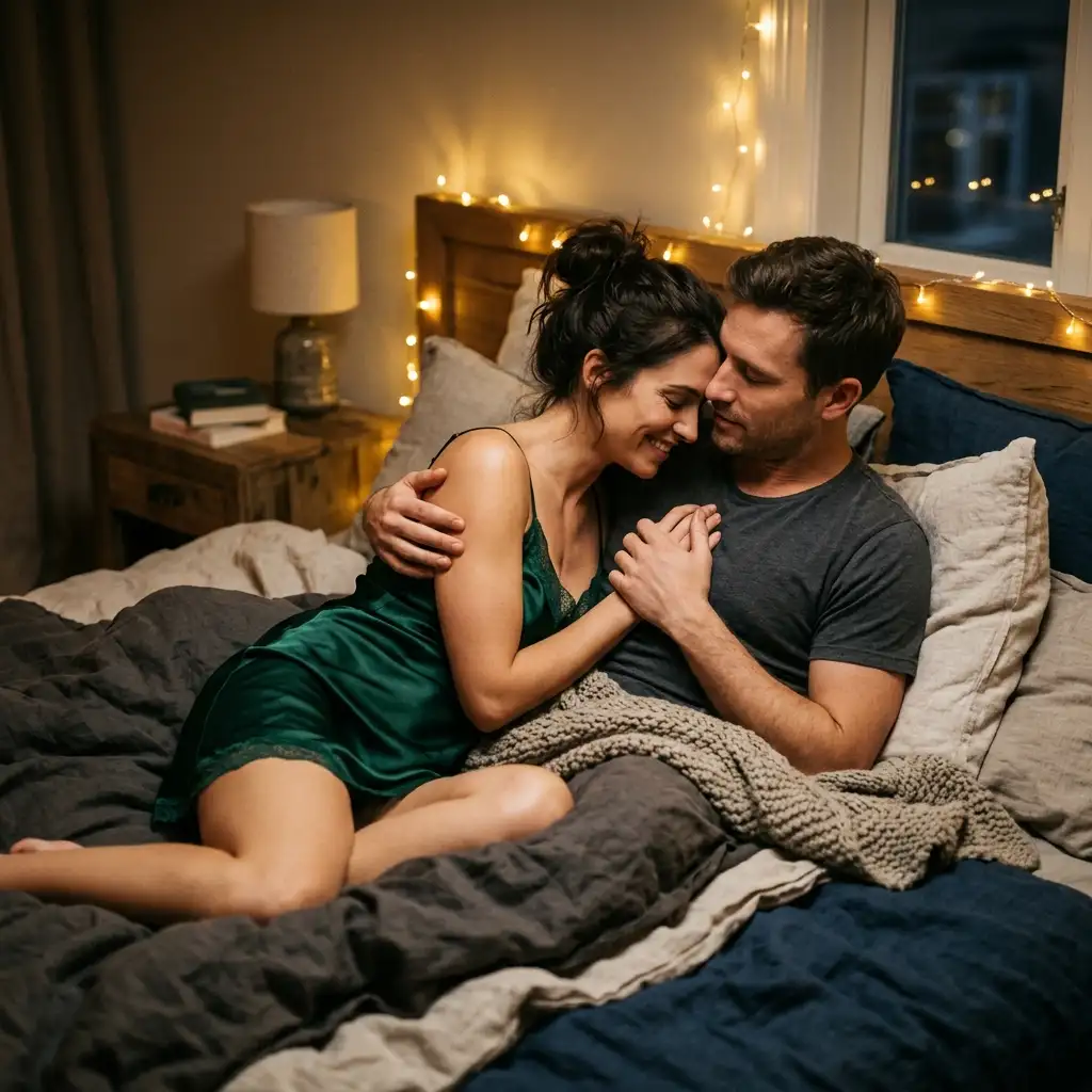 Couple complice jouant à Envies Secrètes, jeu de sexe en ligne pour pimenter sa relation