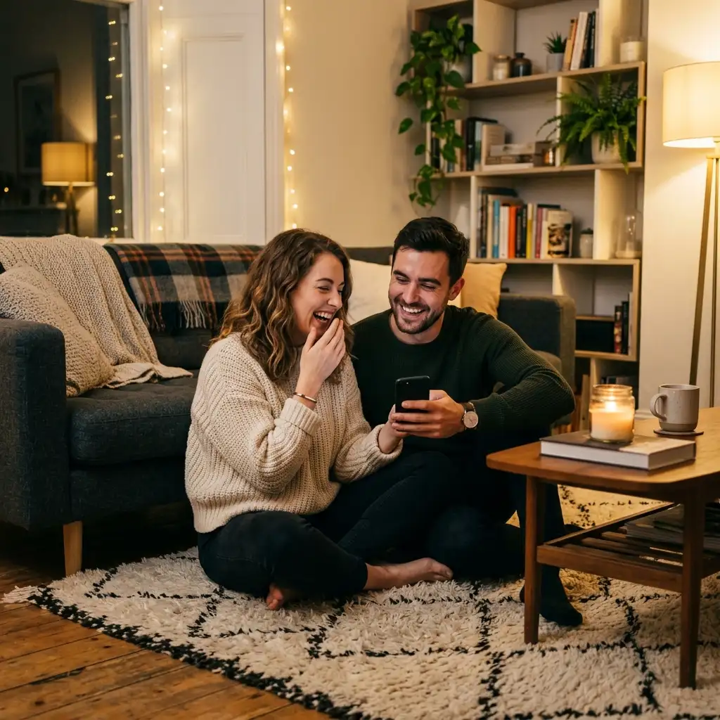 Couple amoureux découvrant des défis intimes sur leur téléphone