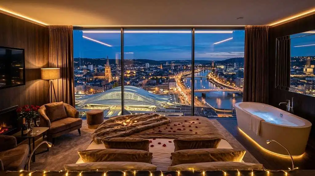 Couple profitant d'un jacuzzi privatif dans une Love Room en Belgique