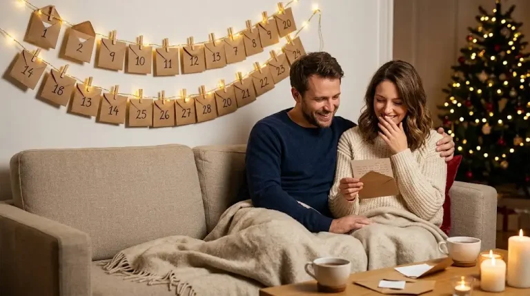 Couple souriant sur un canapé, la femme lit une carte tirée de son calendrier de l'Avent coquin fait maison, enveloppes kraft numérotées suspendues au mur