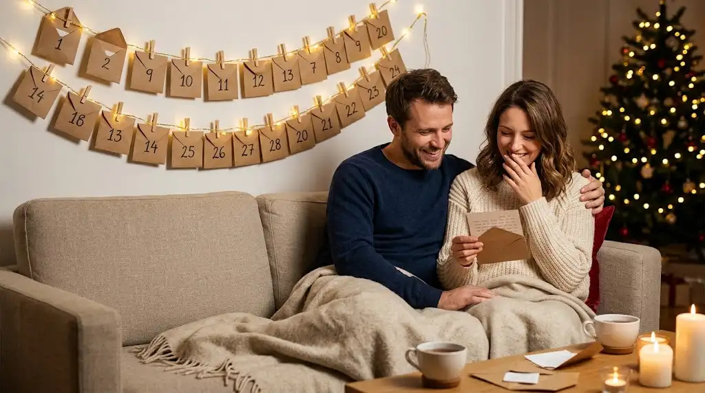 Couple souriant sur un canapé, la femme lit une carte tirée de son calendrier de l'Avent coquin fait maison, enveloppes kraft numérotées suspendues au mur