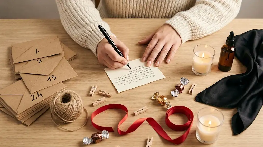 Matériel pour fabriquer un calendrier de l'Avent coquin : enveloppes kraft numérotées, ficelle, pinces à linge, ruban rouge et cartes écrites à la main