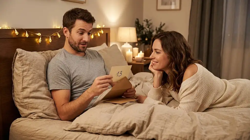 Couple au lit qui découvre la carte de l'enveloppe n°13 de son calendrier de l'Avent